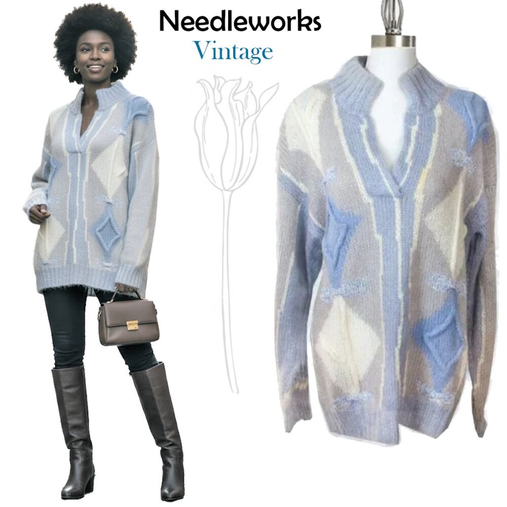 Needleworks Vintage Mohair Blend Geometric Diamond Pattern Hand Knitted Sweater